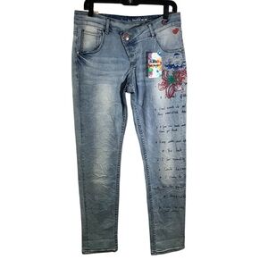 Desigual Embroidered Light Blue Slim Leg Graphic Jeans Low Rise